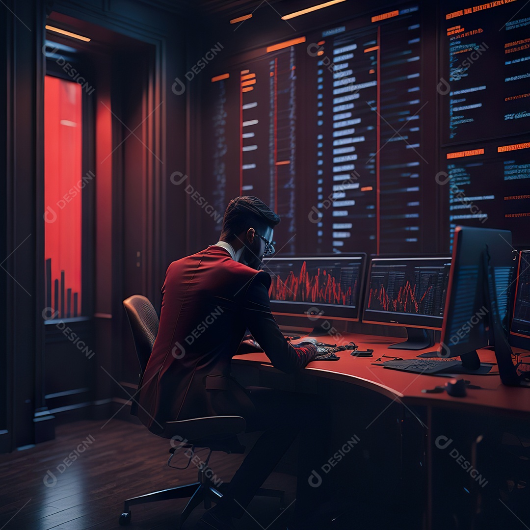 Retrato de realista homem de terno vermelho analisando bolsa de valores