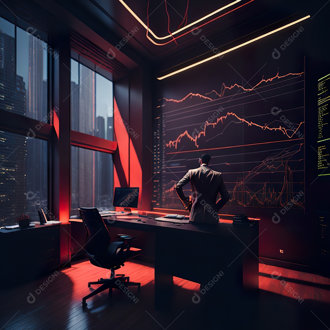 Retrato de realista homem de terno vermelho analisando bolsa de valores