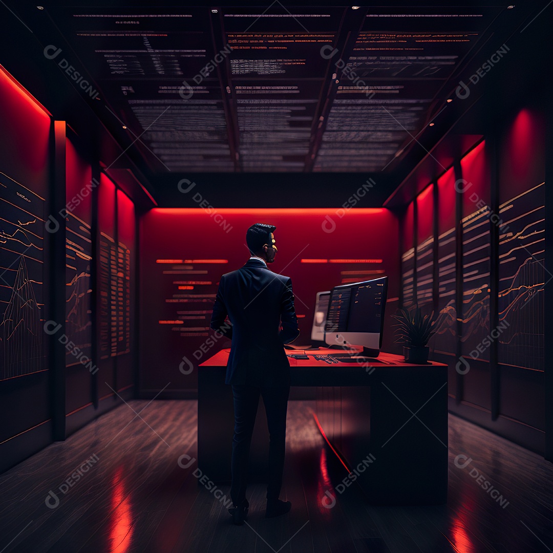 Retrato de realista homem de terno vermelho analisando bolsa de valore