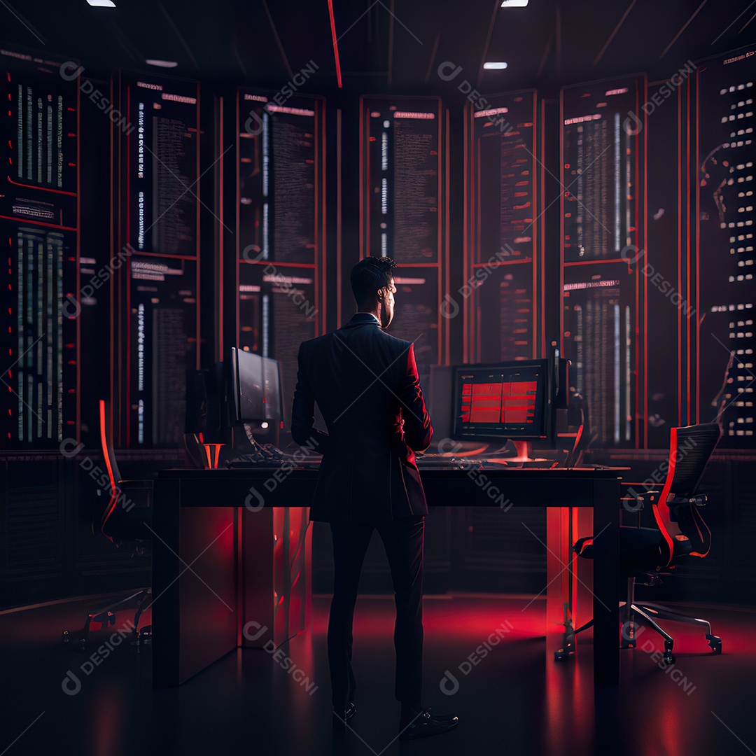 Retrato de realista homem de terno vermelho analisando bolsa de valores