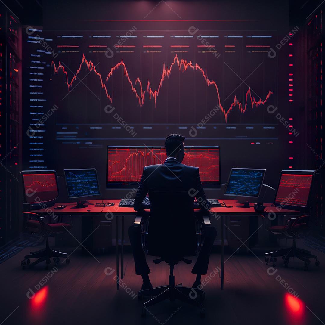 Retrato de realista homem de terno vermelho analisando bolsa de valores