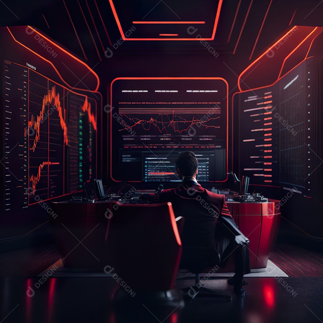 Retrato de realista homem de terno vermelho analisando bolsa de valores