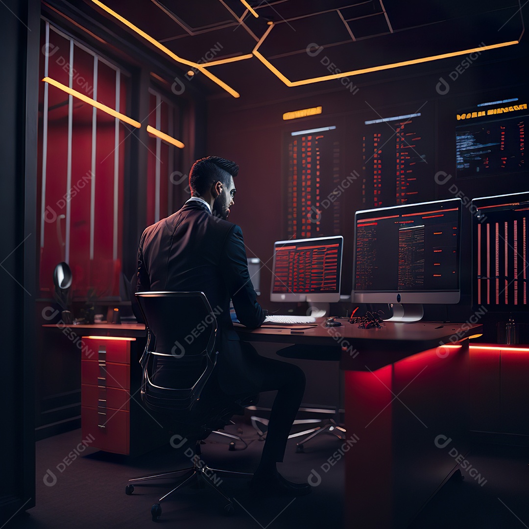 Retrato de realista homem de terno vermelho analisando bolsa de valores