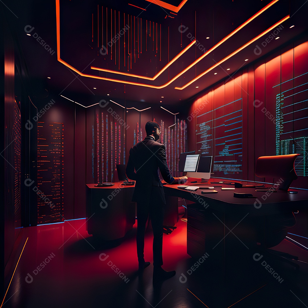 Retrato de realista homem de terno vermelho analisando bolsa de valores