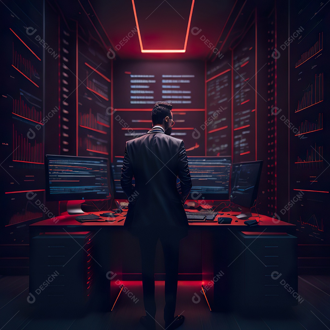 Retrato de realista homem de terno vermelho analisando bolsa de valores