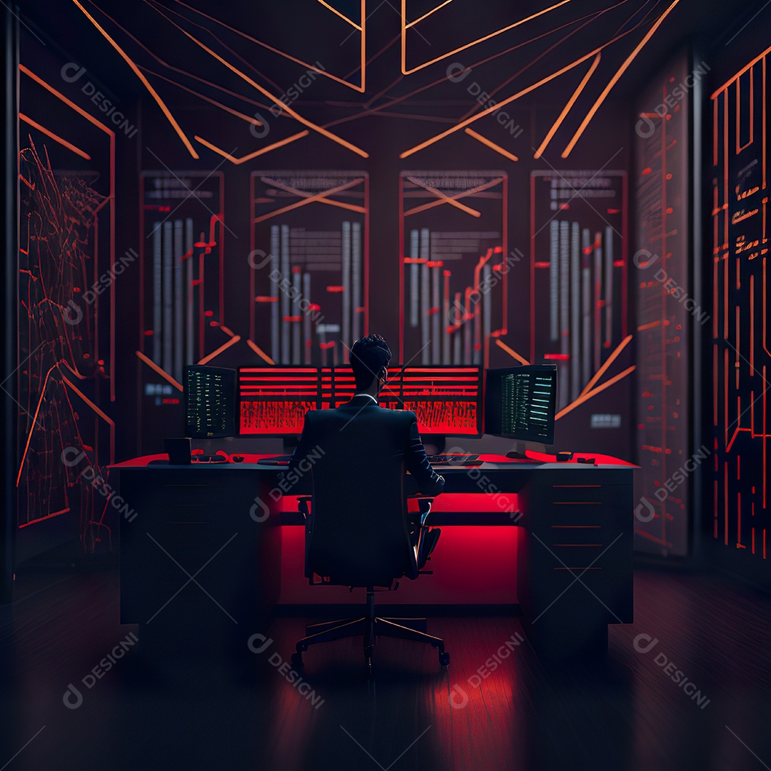 Retrato de realista homem de terno vermelho analisando bolsa de valores