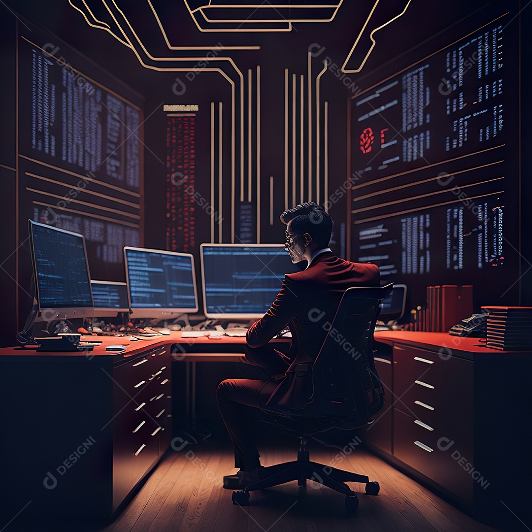 Retrato de realista homem de terno vermelho analisando bolsa de valores