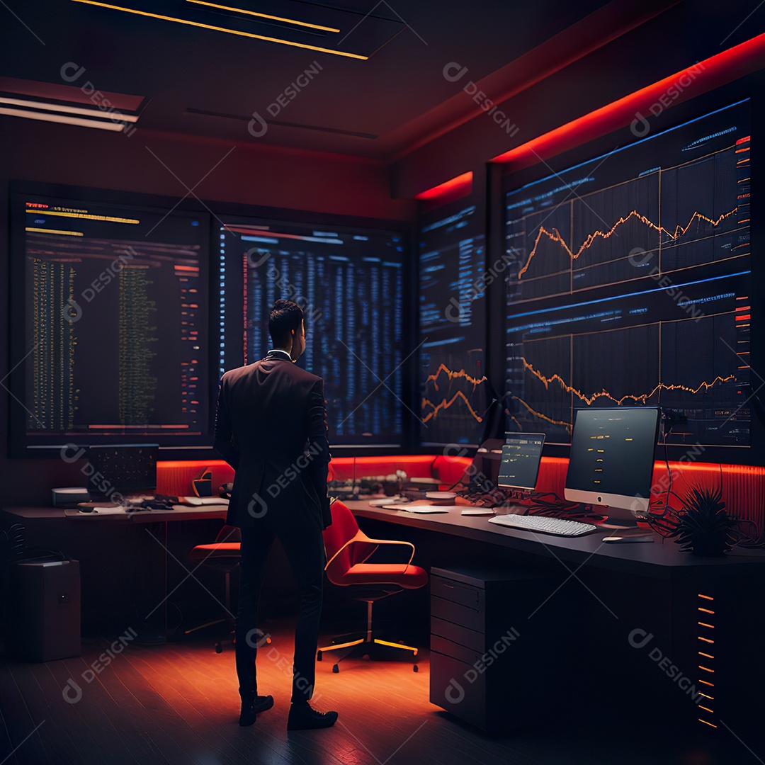 Retrato de realista homem de terno vermelho analisando bolsa de valores