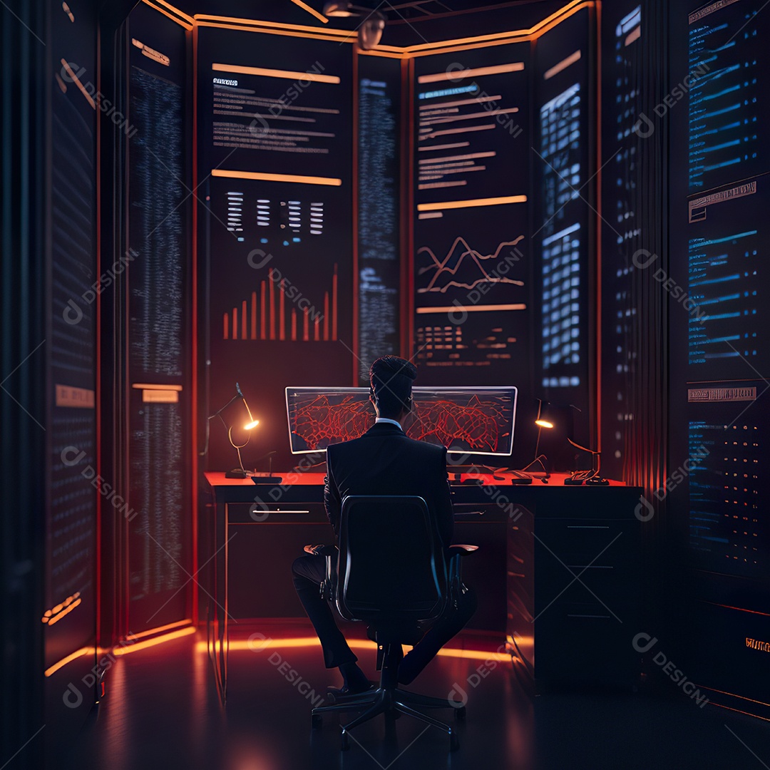 Retrato de realista homem de terno vermelho analisando bolsa de valores