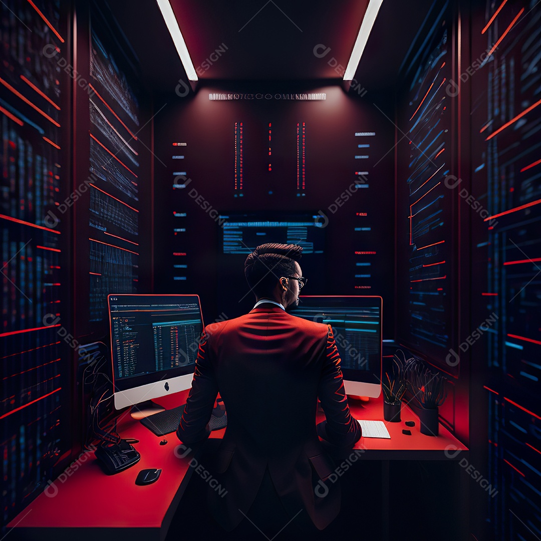 Retrato de realista homem de terno vermelho analisando bolsa de valores