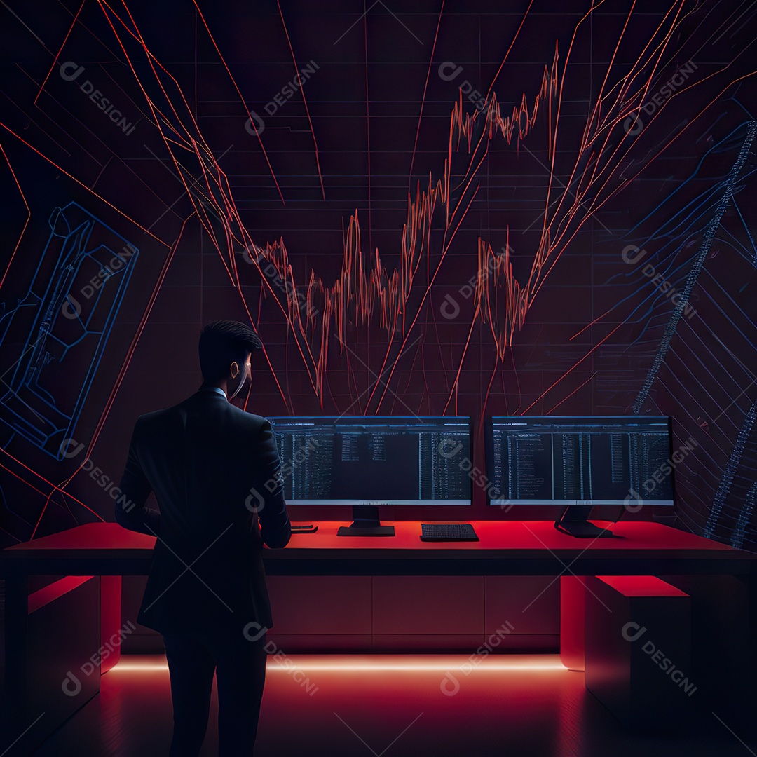 Retrato de realista homem de terno vermelho analisando bolsa de valores