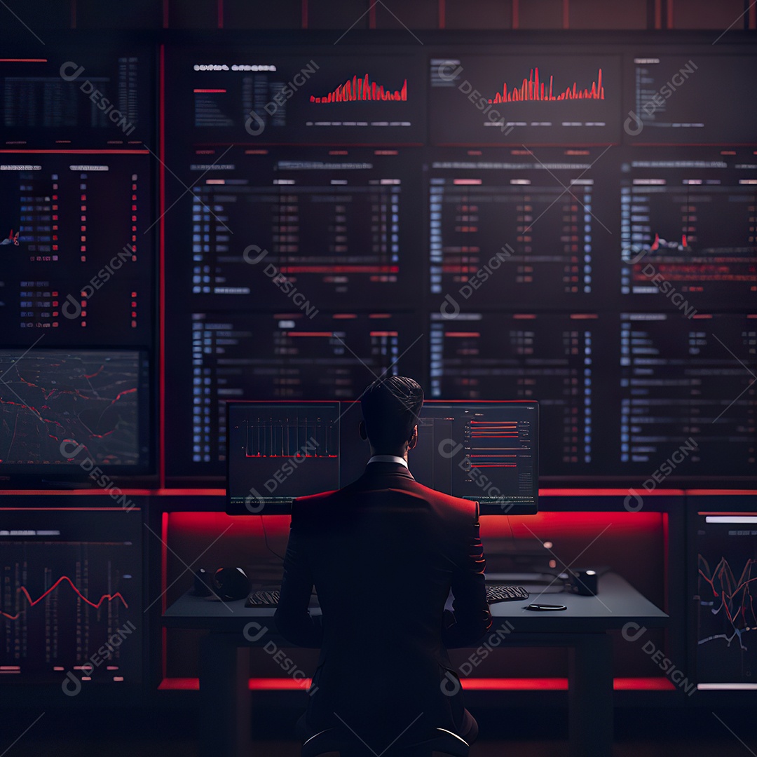 Retrato de realista homem de terno vermelho analisando bolsa de valores