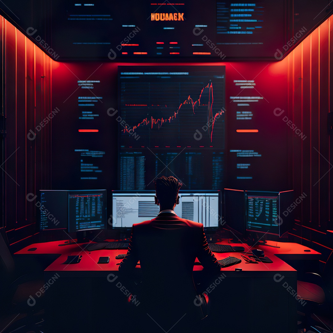 Retrato de realista homem de terno vermelho analisando bolsa de valores