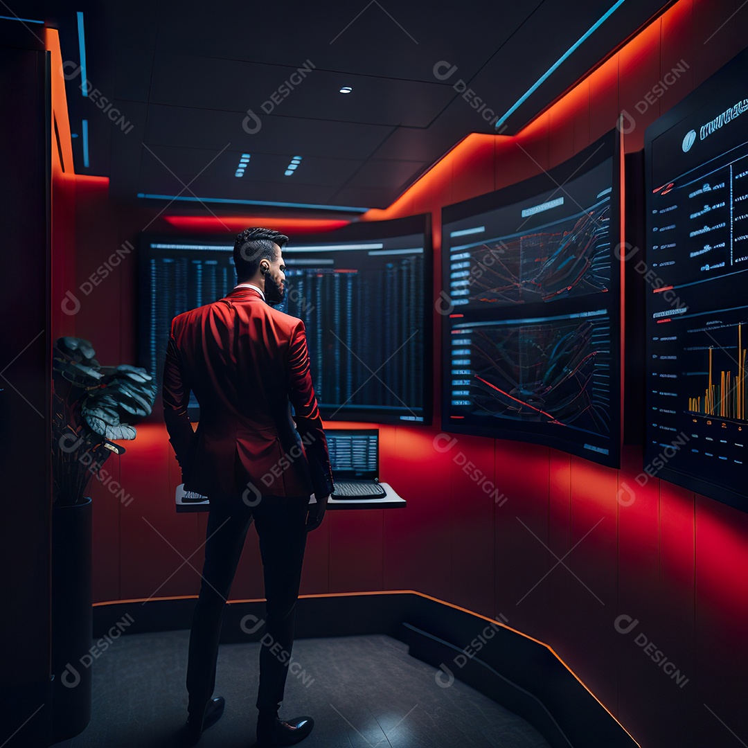 Retrato de realista homem de terno vermelho analisando bolsa de valores