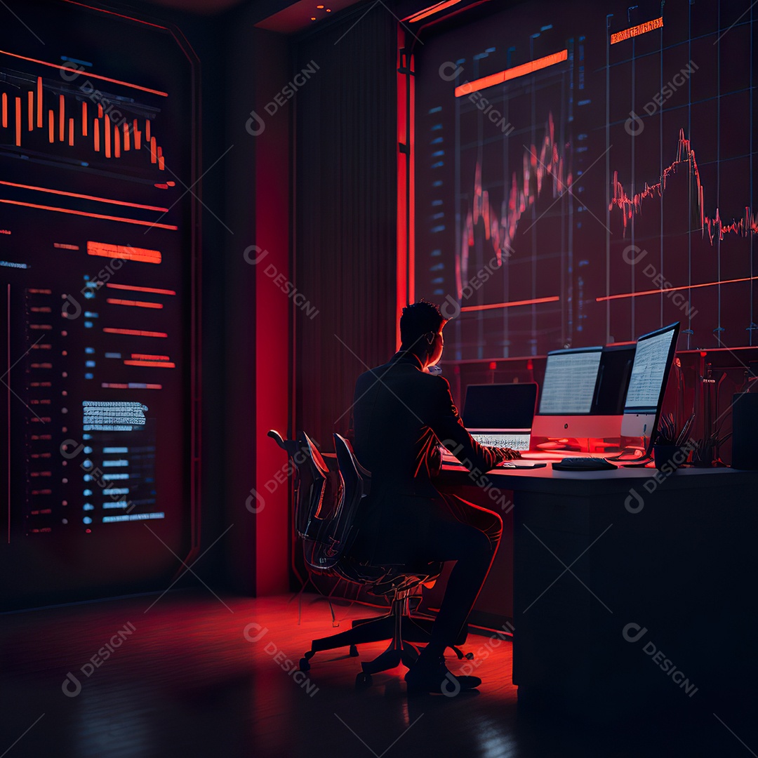 Retrato de realista homem de terno vermelho analisando bolsa de valores