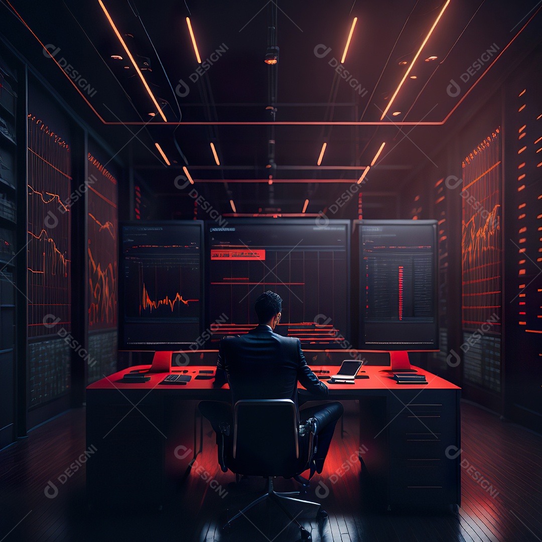 Retrato de realista homem de terno vermelho analisando bolsa de valores