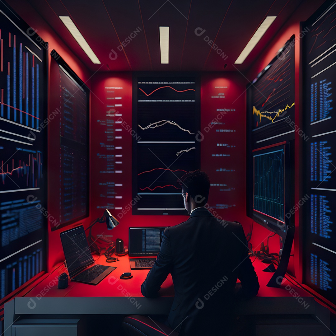 Retrato de realista homem de terno vermelho analisando bolsa de valores