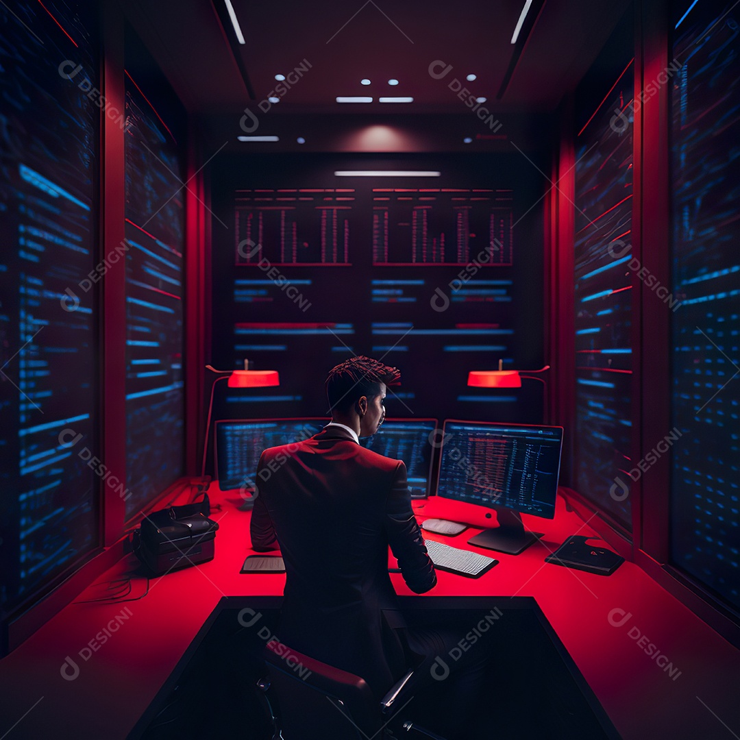 Retrato de realista homem de terno vermelho analisando bolsa de valores