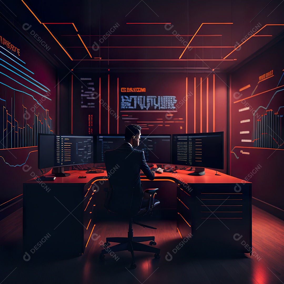 Retrato de realista homem de terno vermelho analisando bolsa de valores