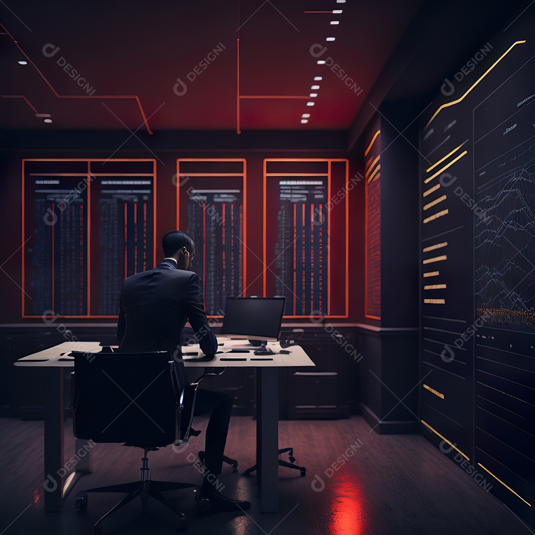 Retrato de realista homem de terno vermelho analisando bolsa de valores