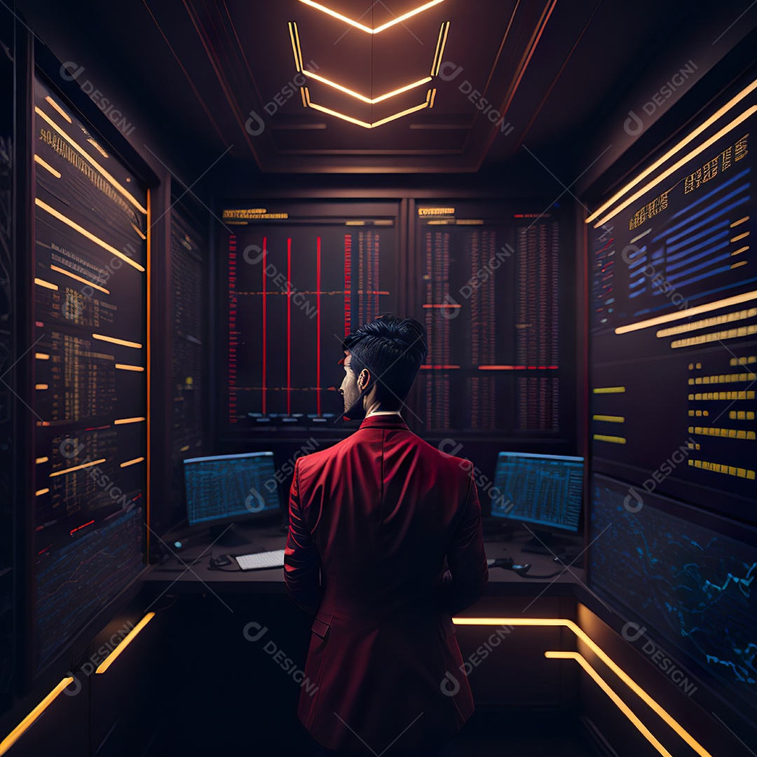 Retrato de realista homem de terno vermelho analisando bolsa de valores