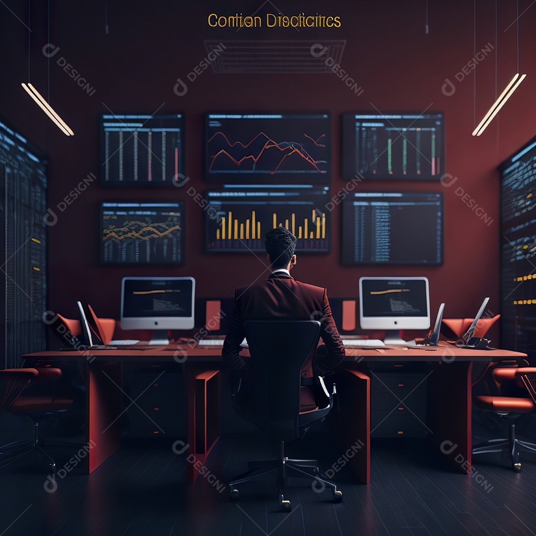 Retrato de realista homem de terno vermelho analisando bolsa de valores