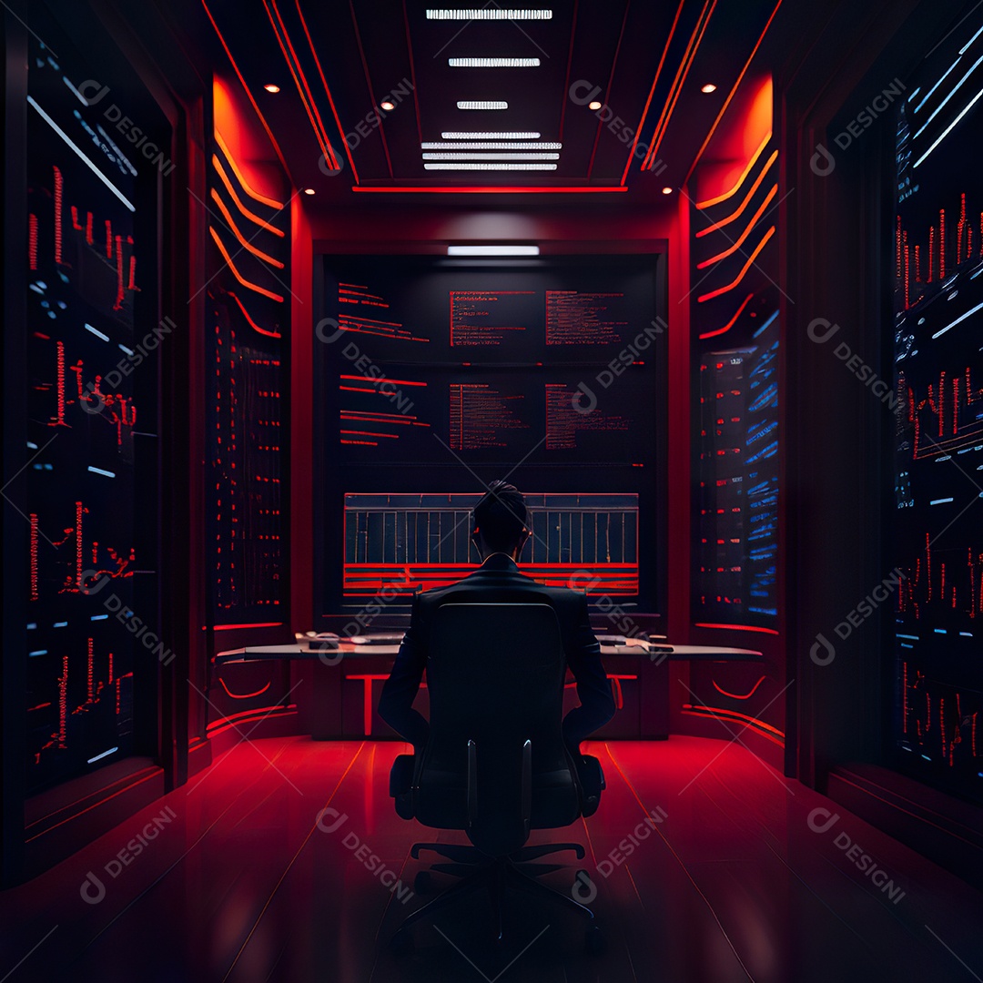 Retrato de realista homem de terno vermelho analisando bolsa de valores