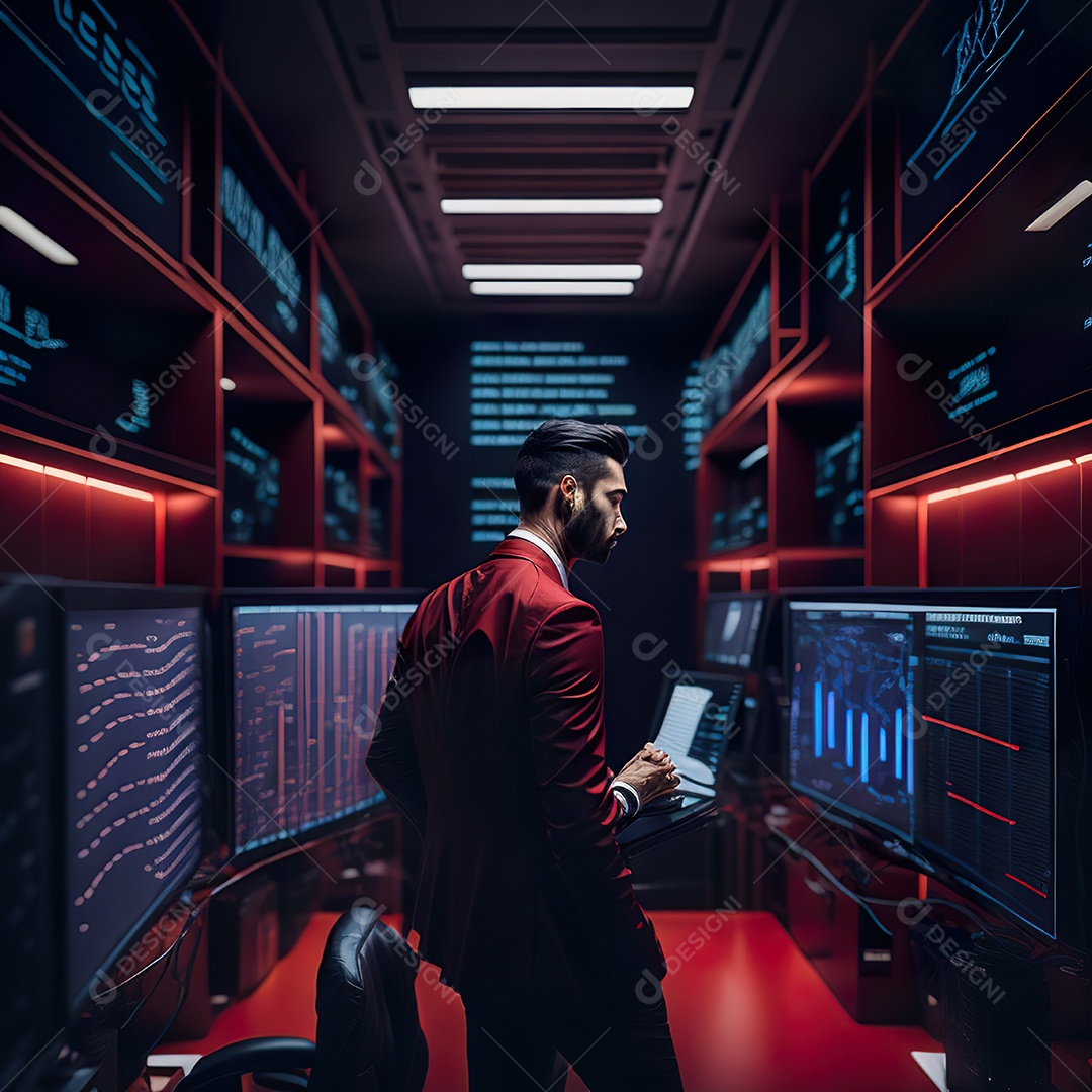 Retrato de realista homem de terno vermelho analisando bolsa de valores