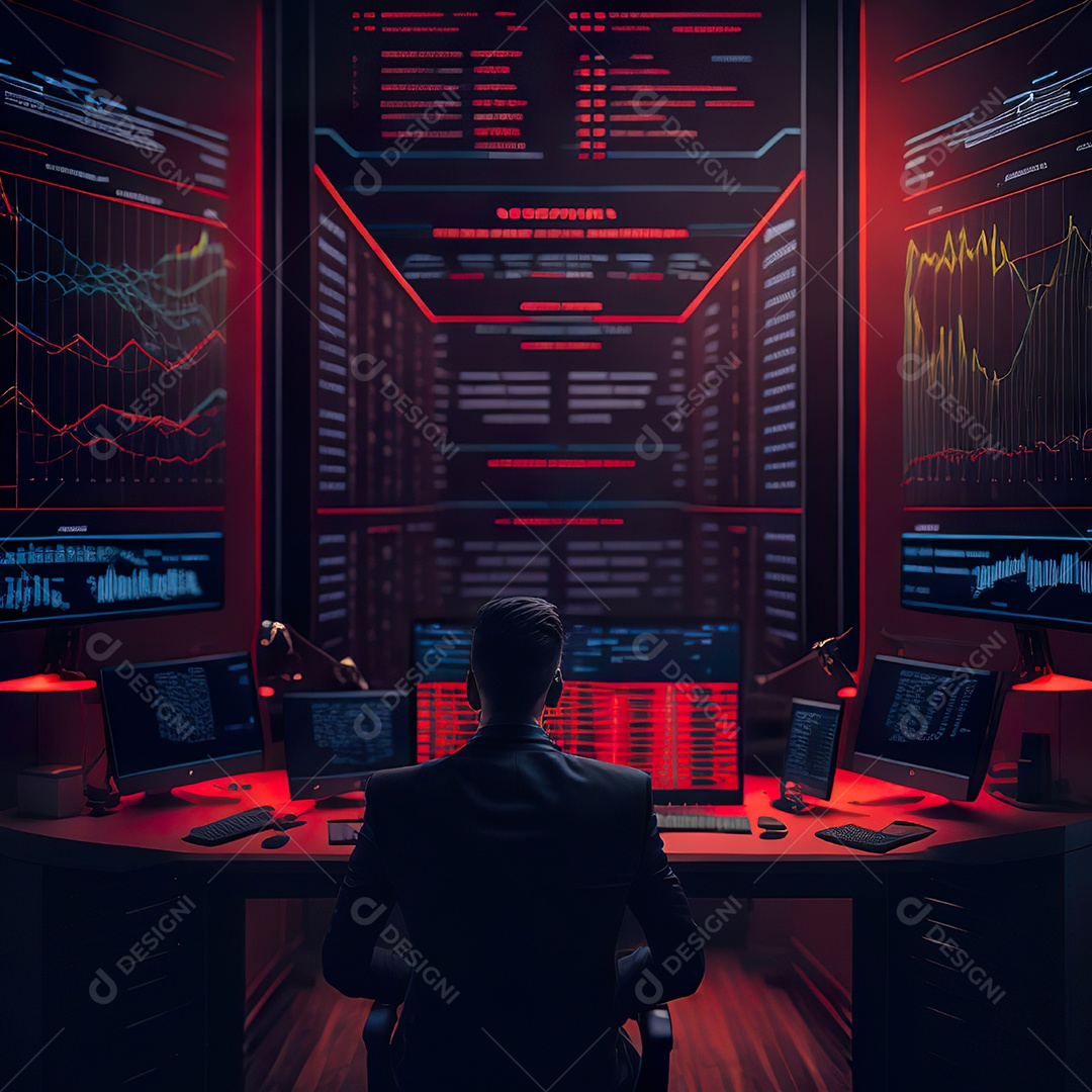 Retrato de realista homem de terno vermelho analisando bolsa de valores