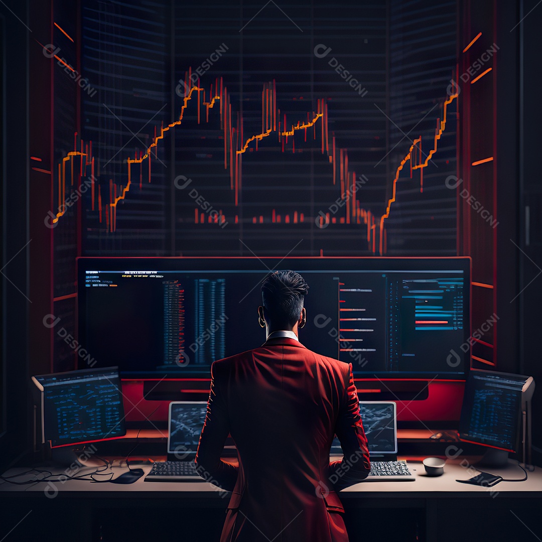 Retrato de realista homem de terno vermelho analisando bolsa de valores