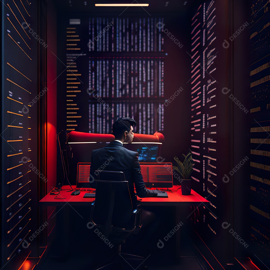 Retrato de realista homem de terno vermelho analisando bolsa de valores