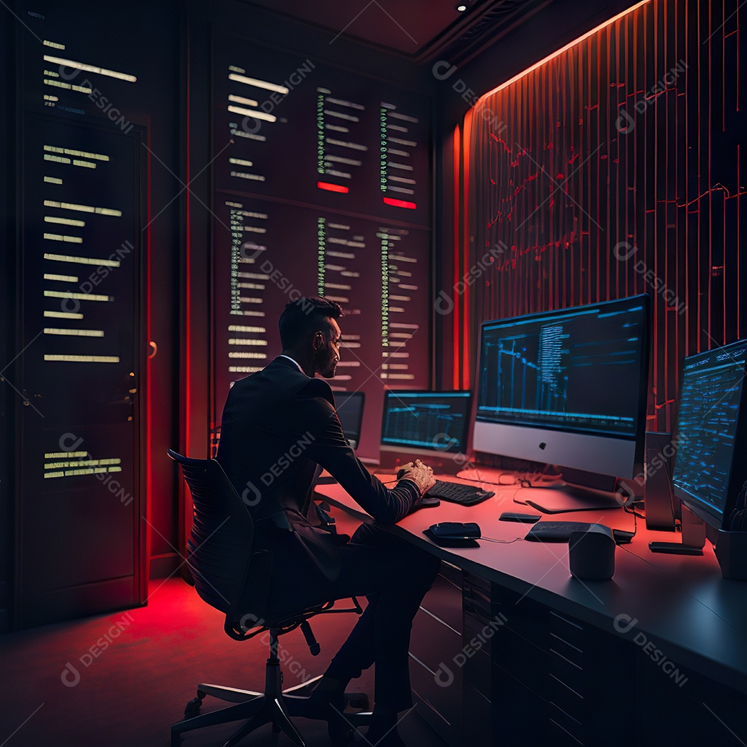 Retrato de realista homem de terno vermelho analisando bolsa de valores