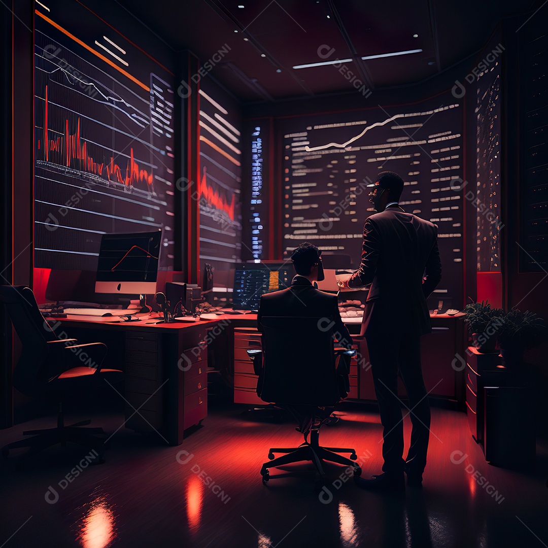 Retrato de realista homem de terno vermelho analisando bolsa de valores