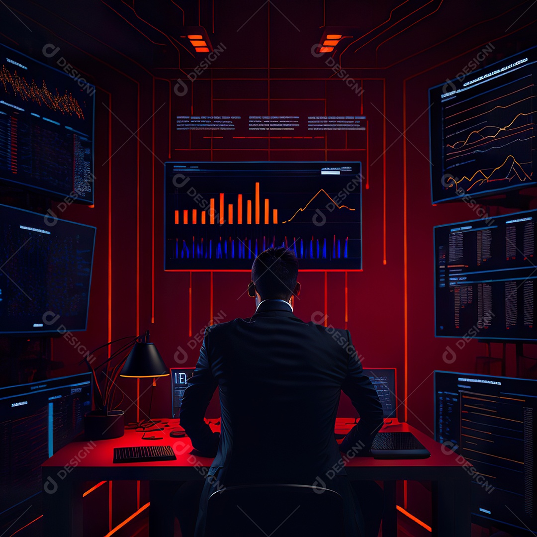 Retrato de realista homem de terno vermelho analisando bolsa de valores