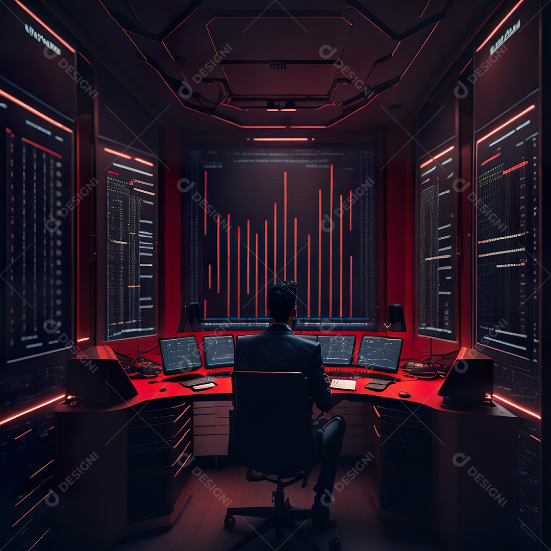 Retrato de realista homem de terno vermelho analisando bolsa de valores