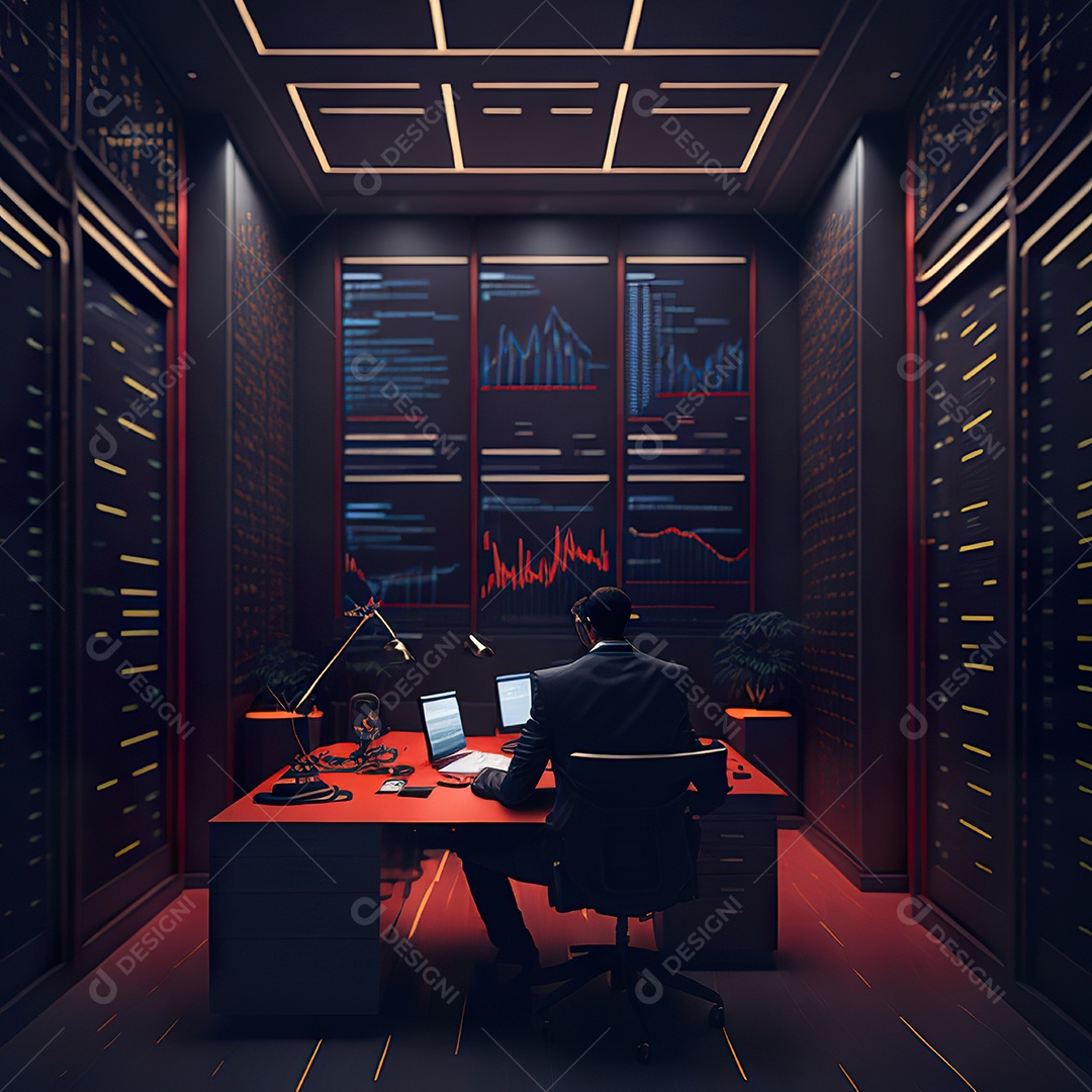 Retrato de realista homem de terno vermelho analisando bolsa de valores