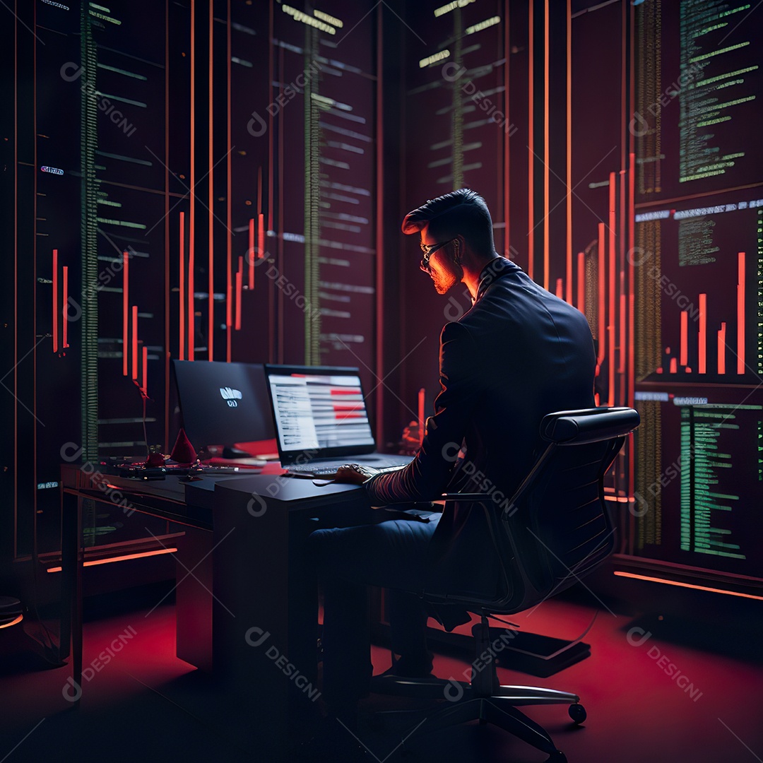 Retrato de realista homem de terno vermelho analisando bolsa de valores