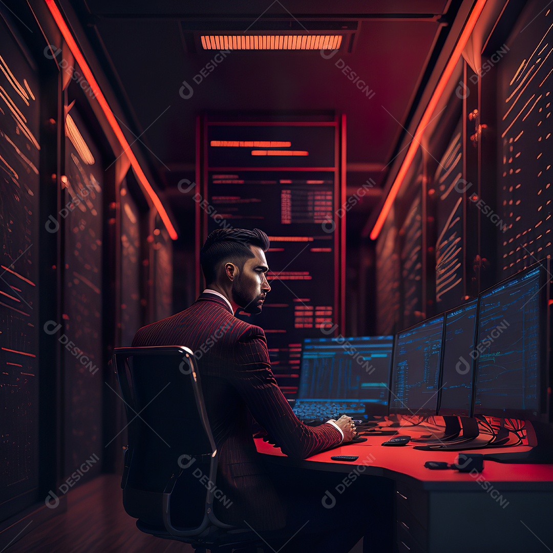 Retrato de realista homem de terno vermelho analisando bolsa de valores