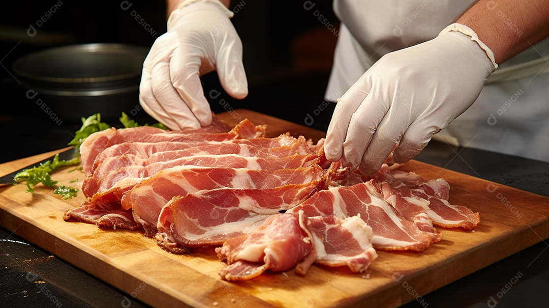 Açougueiro cortando carne sobre tábua de madeira