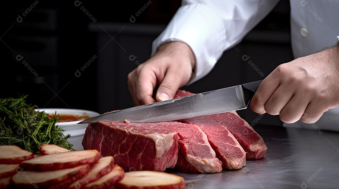 Açougueiro cortando carne sobre a mesa