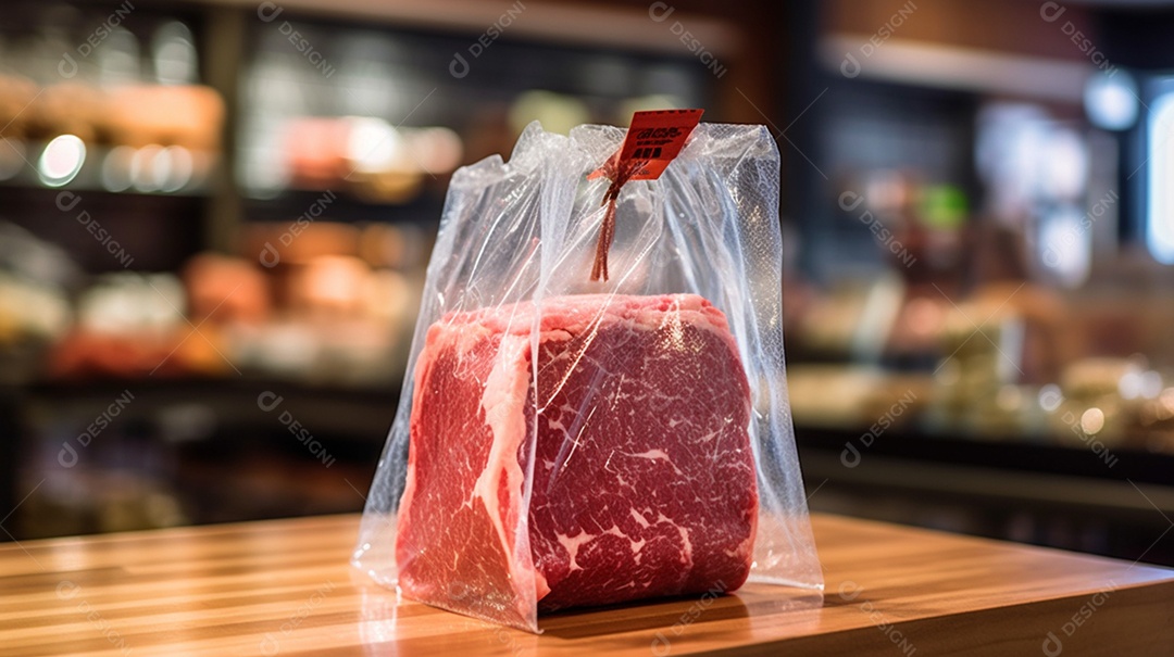 Pedaço de carne embalado em pacote transparente