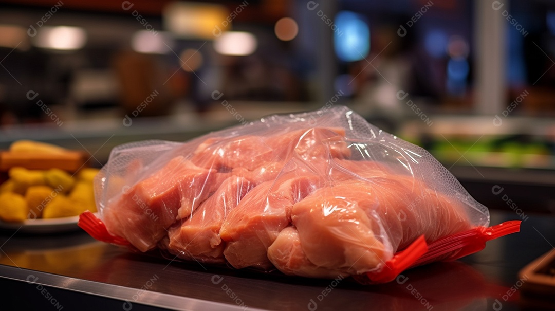 Pedaços de frango embalado em pacote transparente