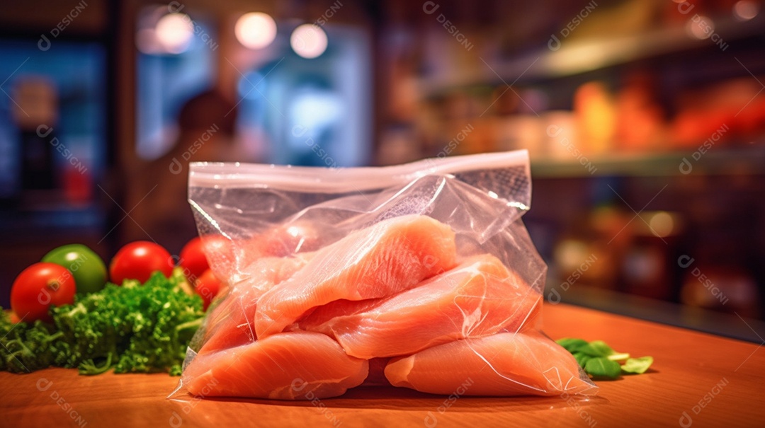 Pedaços de frango embalado em pacote transparente