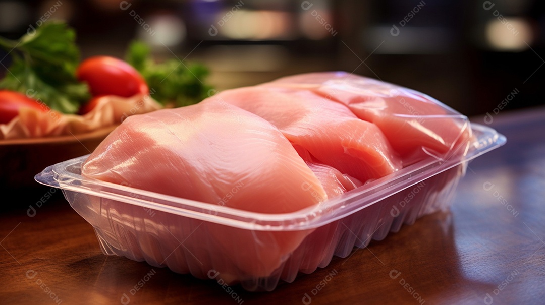 Pedaços de frango cortados e embalados