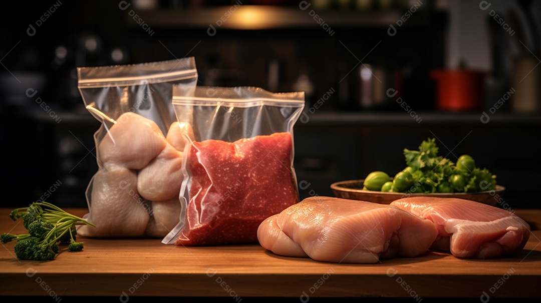 Pedaços de carne e frango cortados e embalados