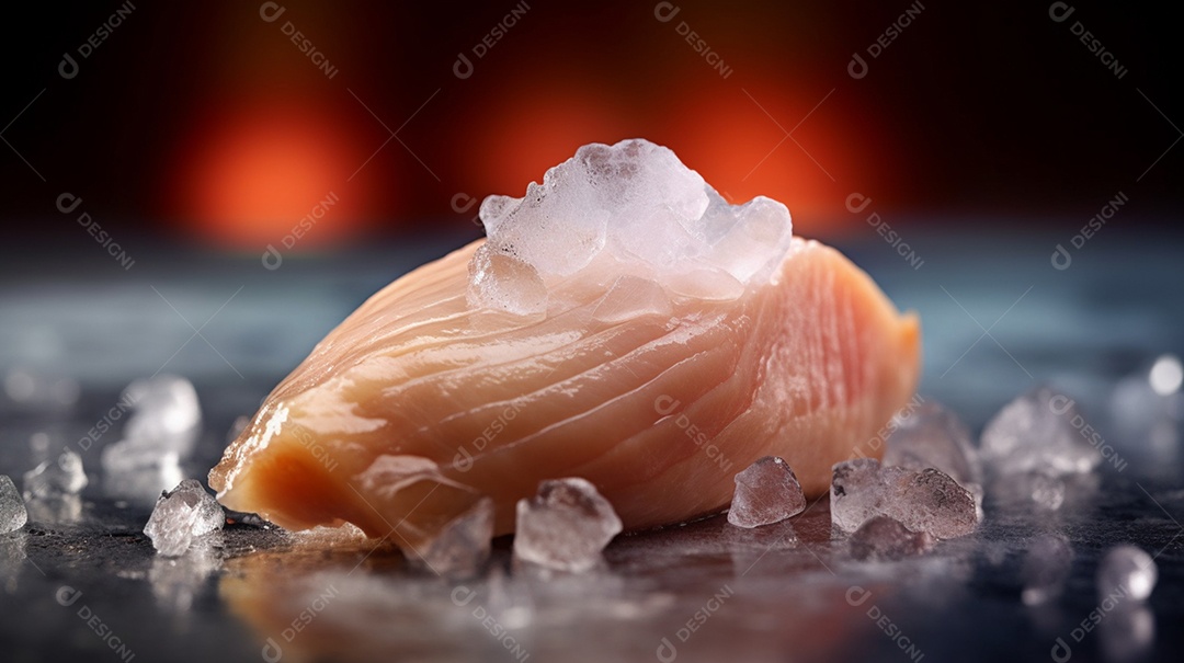 Pedaço de frango cortado congelado sobre cubos de gelo