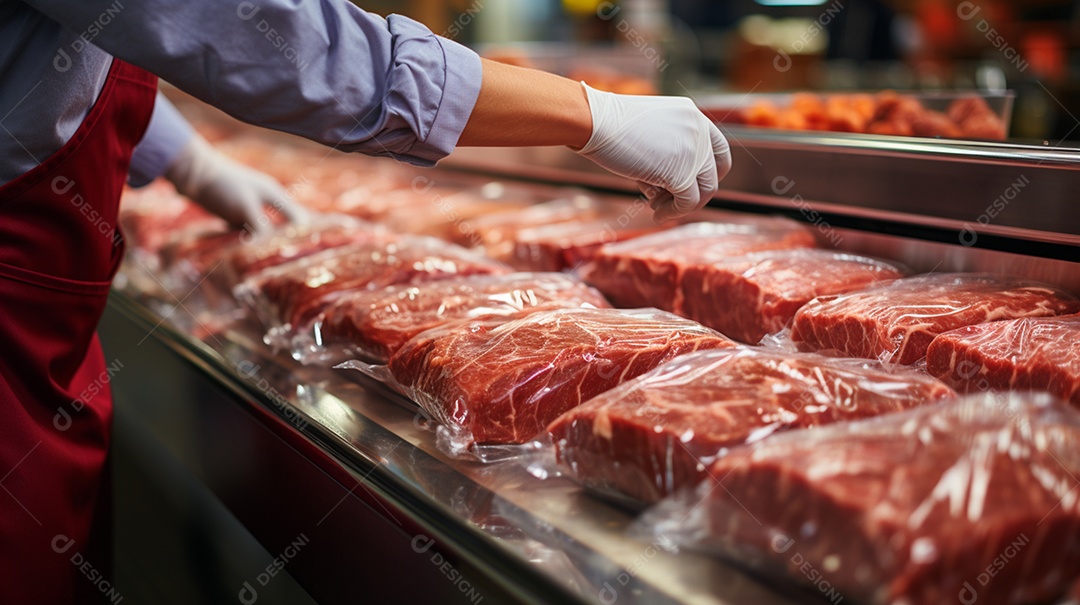 Açougueiro embalando carnes cortadas