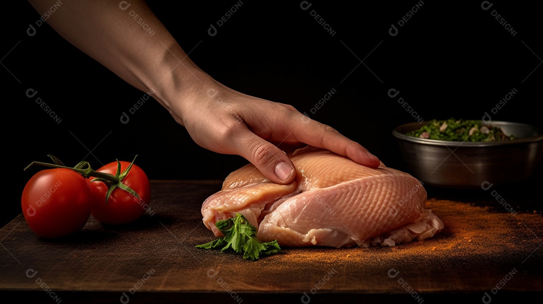 Homem temperando frango sobre tábua de madeira