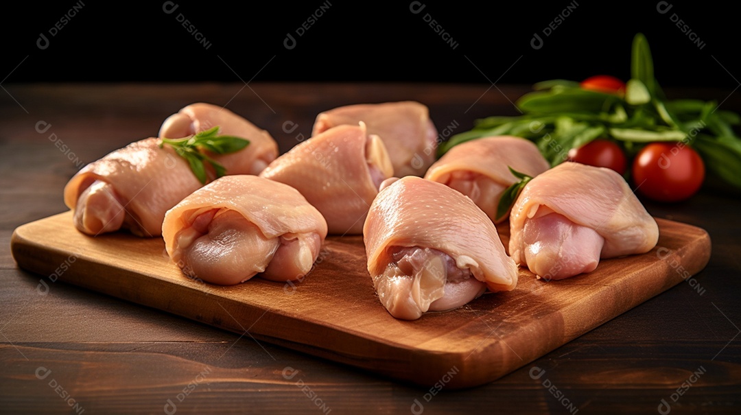 Pedaços de frango cortados sobre tábua de madeira