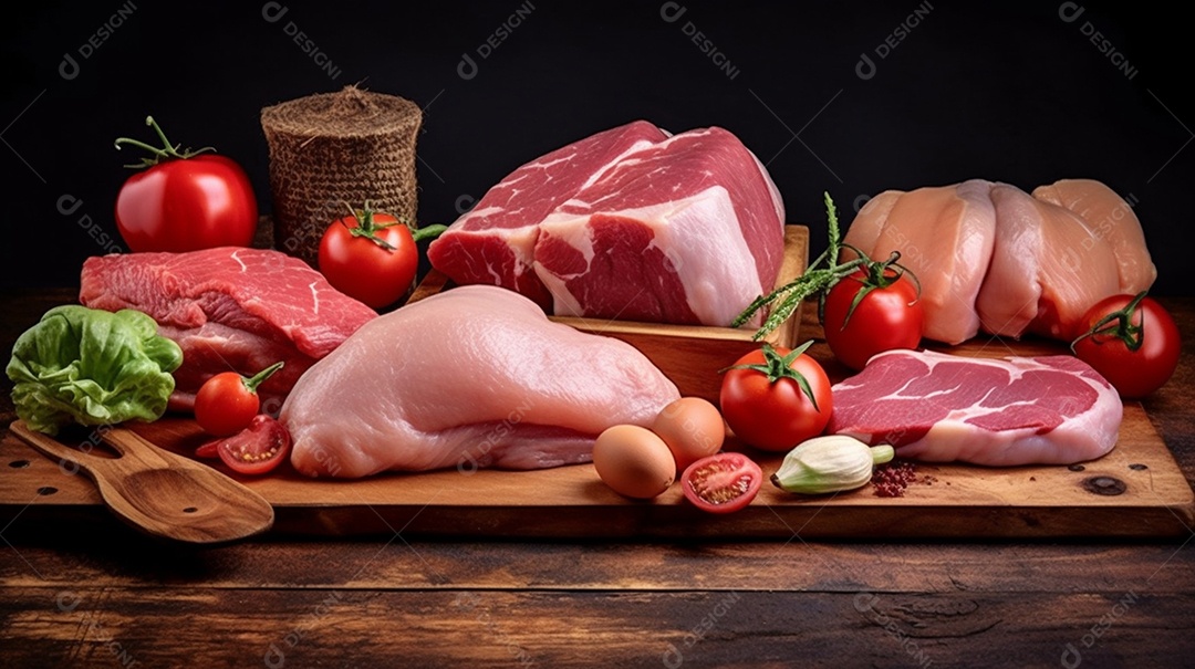Carnes e frango cortados sobre tábua de madeira